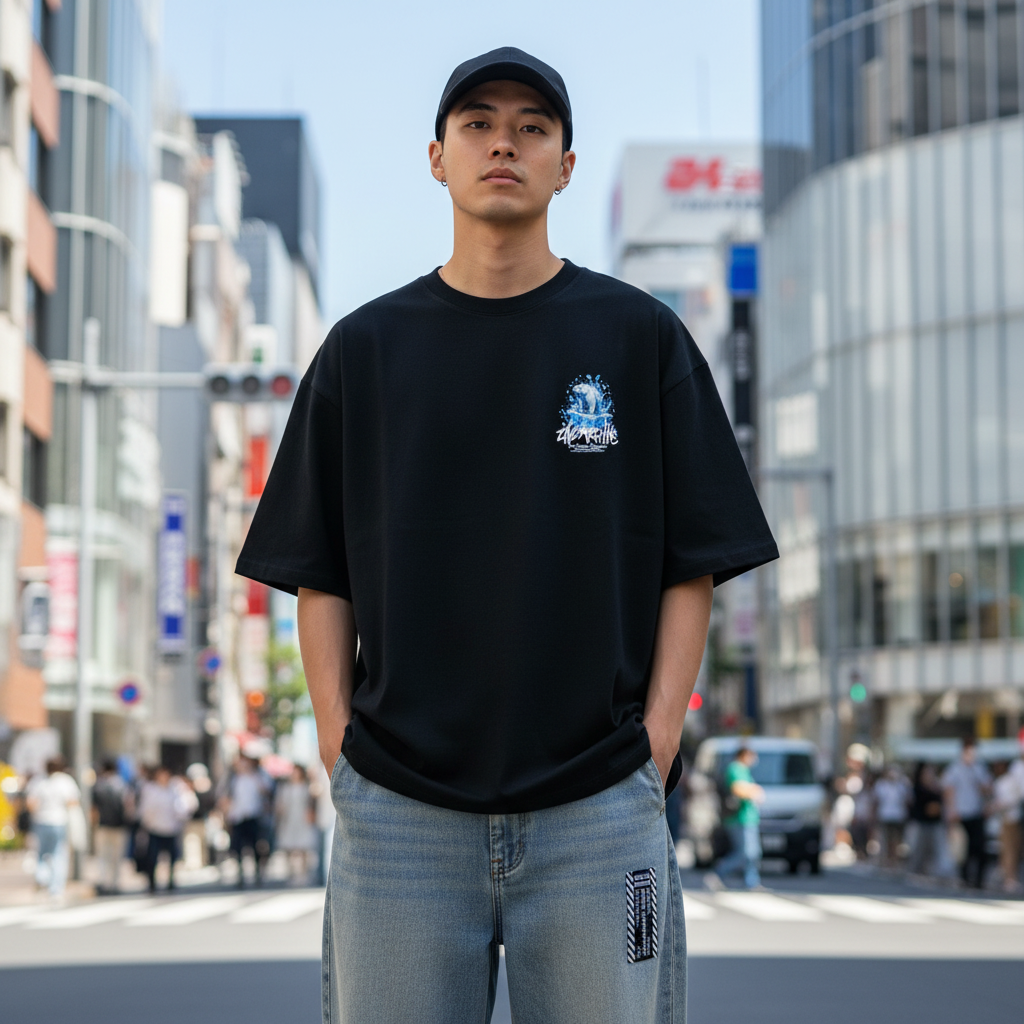 2ND ARCHIVE アイスホワイトベアTシャツ ライフスタイル 正面 ブラック / 2ND ARCHIVE Ice White Bear Oversized Tee - Front Lifestyle Black