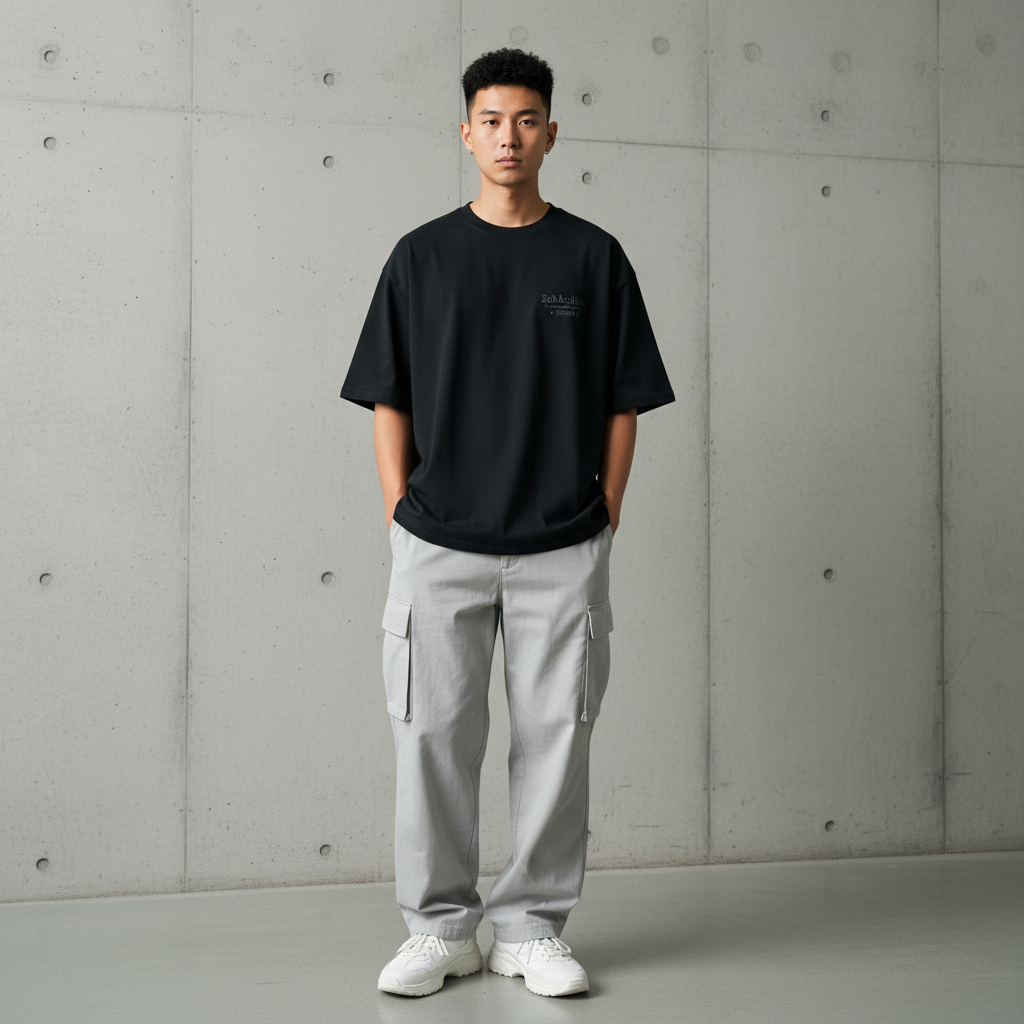 EST 3D embroidery logo t-shirt front view - Korean streetwear oversized tee for men | EST 3D刺繍ロゴ Tシャツ フロントビュー 韓国ストリートウェア メンズ オーバーサイズ