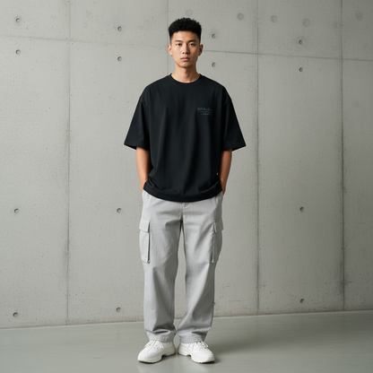 EST 3D embroidery logo t-shirt front view - Korean streetwear oversized tee for men | EST 3D刺繍ロゴ Tシャツ フロントビュー 韓国ストリートウェア メンズ オーバーサイズ