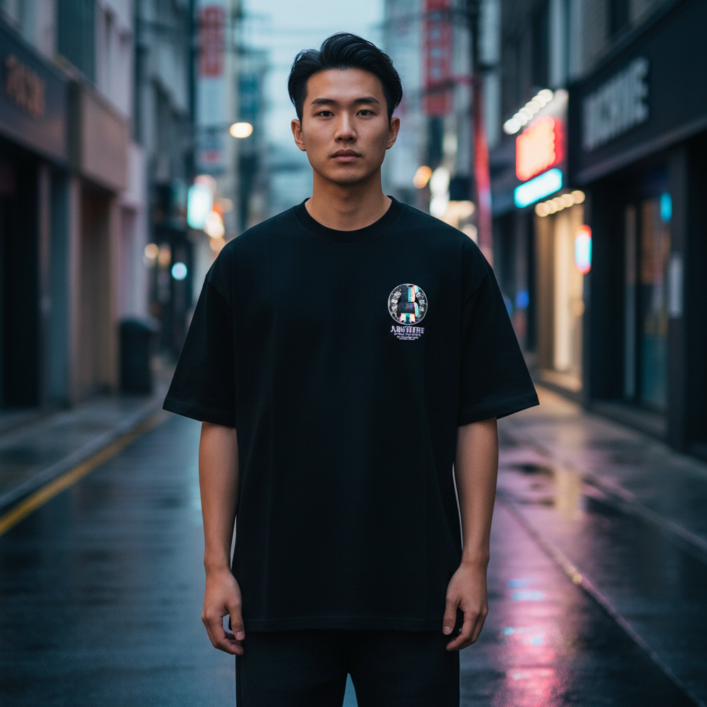 Military circle teddy bear graphic t-shirt front view - Korean streetwear oversized tee for men | ミリタリーサークルテディベア グラフィックTシャツ フロントビュー 韓国ストリートウェア メンズ オーバーサイズ