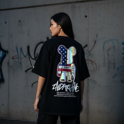 USA teddy bear reflective t-shirt back graphic - Korean street fashion oversized design | USAテディベアリフレクティブTシャツ バックグラフィック 韓国ストリートファッション オーバーサイズデザイン