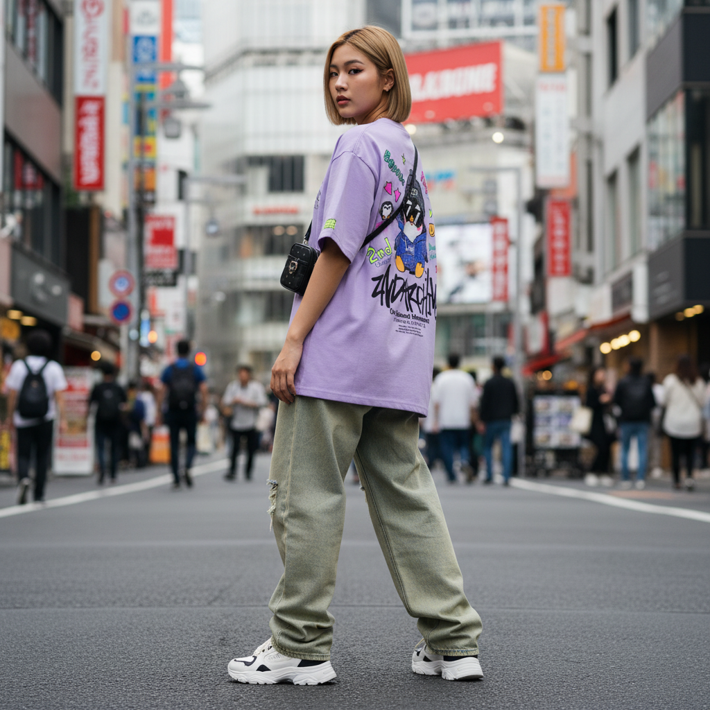 2ND ARCHIVE ペンギングラフィック オーバーサイズTシャツ バックグラフィック ライフスタイル / 2ND ARCHIVE Penguin Graphic Oversized Tee - Back Lifestyle