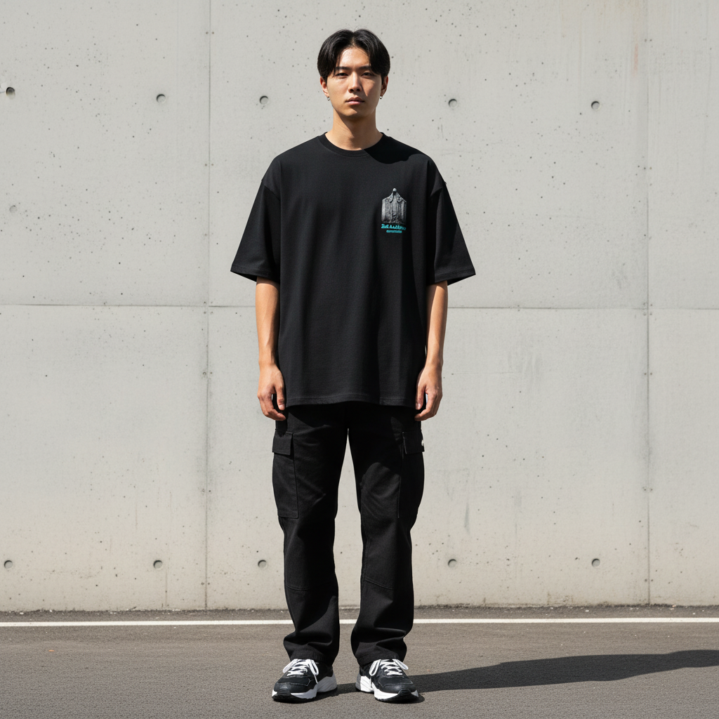 Sculptural 3D embroidery graphic t-shirt front view - Korean streetwear oversized tee for men | 彫刻的な3D刺繍 グラフィックTシャツ フロントビュー 韓国ストリートウェア メンズ オーバーサイズ