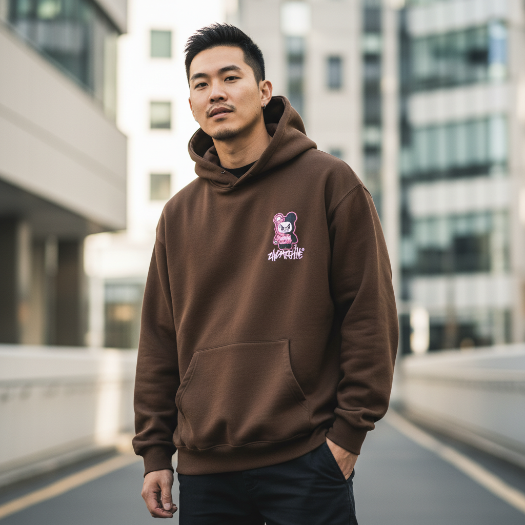 Front lifestyle view of Asian model with bad boy look wearing brown oversized hoodie with pink bear graphic | アジア人モデルがブラウンのオーバーサイズパーカーを着用、ピンクのベアグラフィック、バッドボーイルックの正面ライフスタイル写真