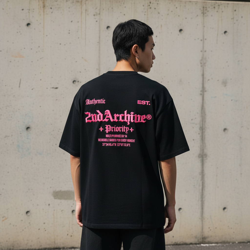 EST 3D embroidery t-shirt back logo - Korean street fashion oversized design | EST 3D刺繍Tシャツ バックロゴ 韓国ストリートファッション オーバーサイズデザイン