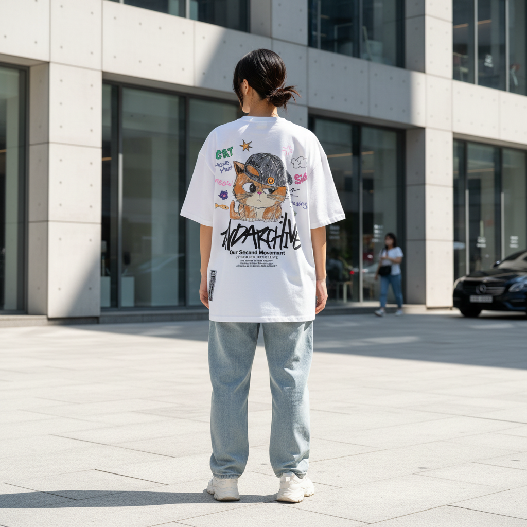 2nd Archive ボールキャップキャットTシャツ ライフスタイル バックビュー 韓国ストリートウェア | 2nd Archive Ball Cap Cat T-Shirt Lifestyle Back View Korean Streetwear