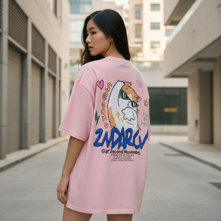 DJ crayon cat t-shirt back graphic print - Korean street fashion oversized design | DJクレヨンキャットTシャツ バックグラフィックプリント 韓国ストリートファッション オーバーサイズデザイン