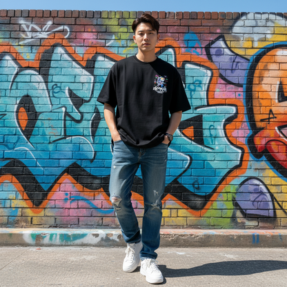 2ND ARCHIVE 宇宙飛行士柴犬 オーバーサイズTシャツ グラフィティスタイル ライフスタイル 正面 / 2ND ARCHIVE Astronaut Shiba Inu Oversized Tee - Graffiti Style Front Lifestyle