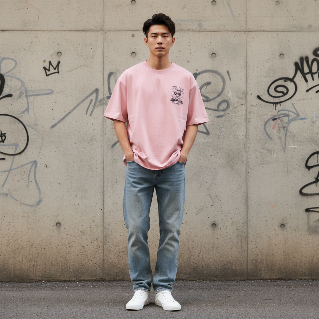 Circle logo cool cat graphic t-shirt front view - Korean streetwear oversized tee for men | サークルロゴクールな猫 グラフィックTシャツ フロントビュー 韓国ストリートウェア メンズ オーバーサイズ