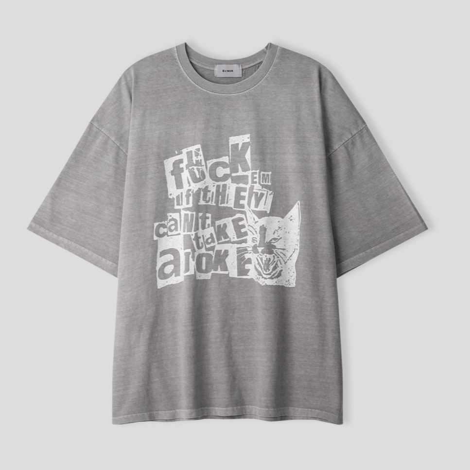 Vintage style washed gray t shirt with English writing and graphic. 