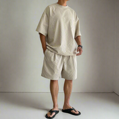 Beige shorts and t shirt set made in Korea.