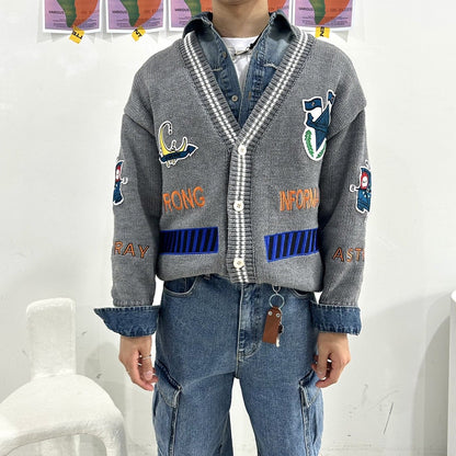 Gray street fashion patches on Korean cardigan.