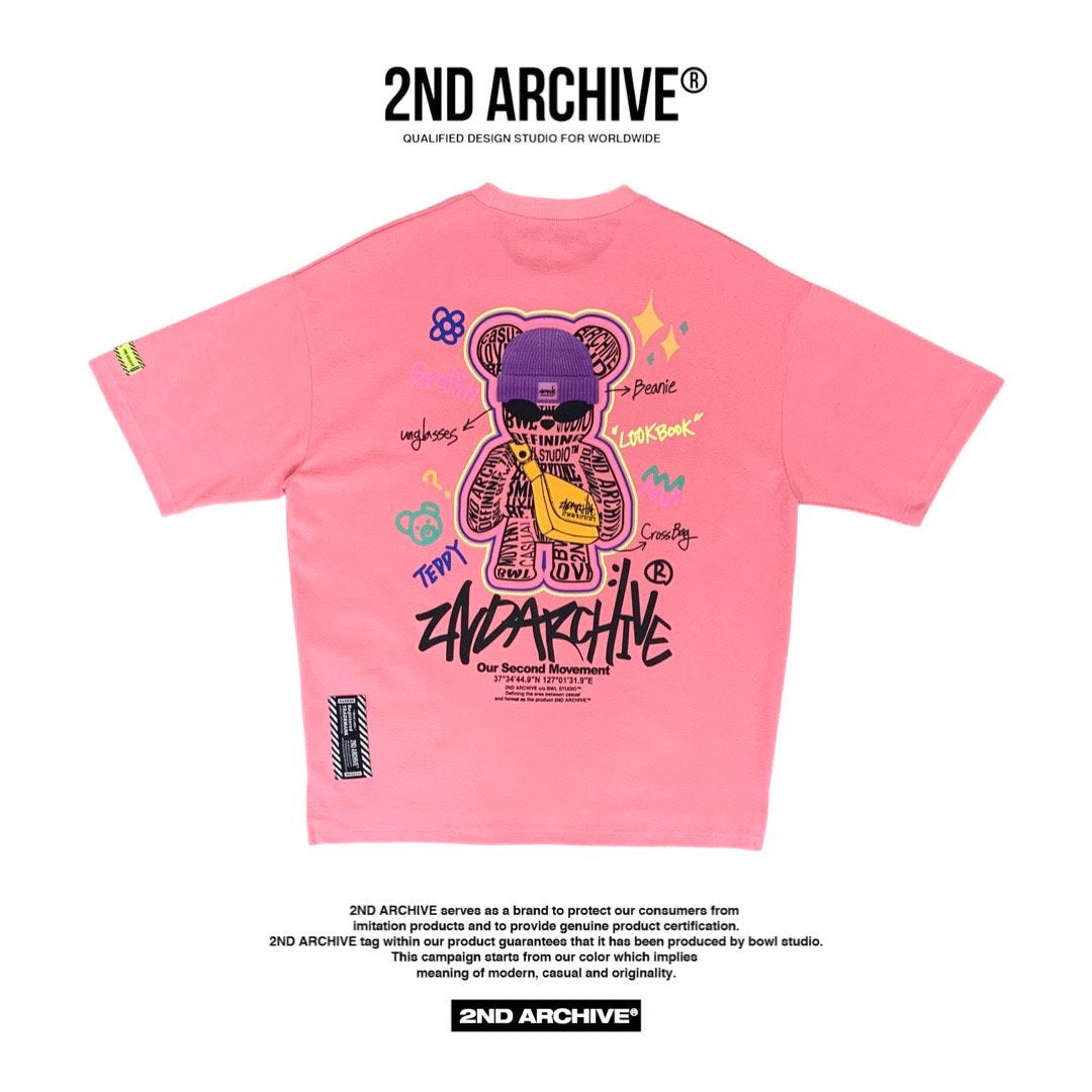 Pink t shirt from Korean fashion Brand 2nd archive with beanie bear graphic on the back. 