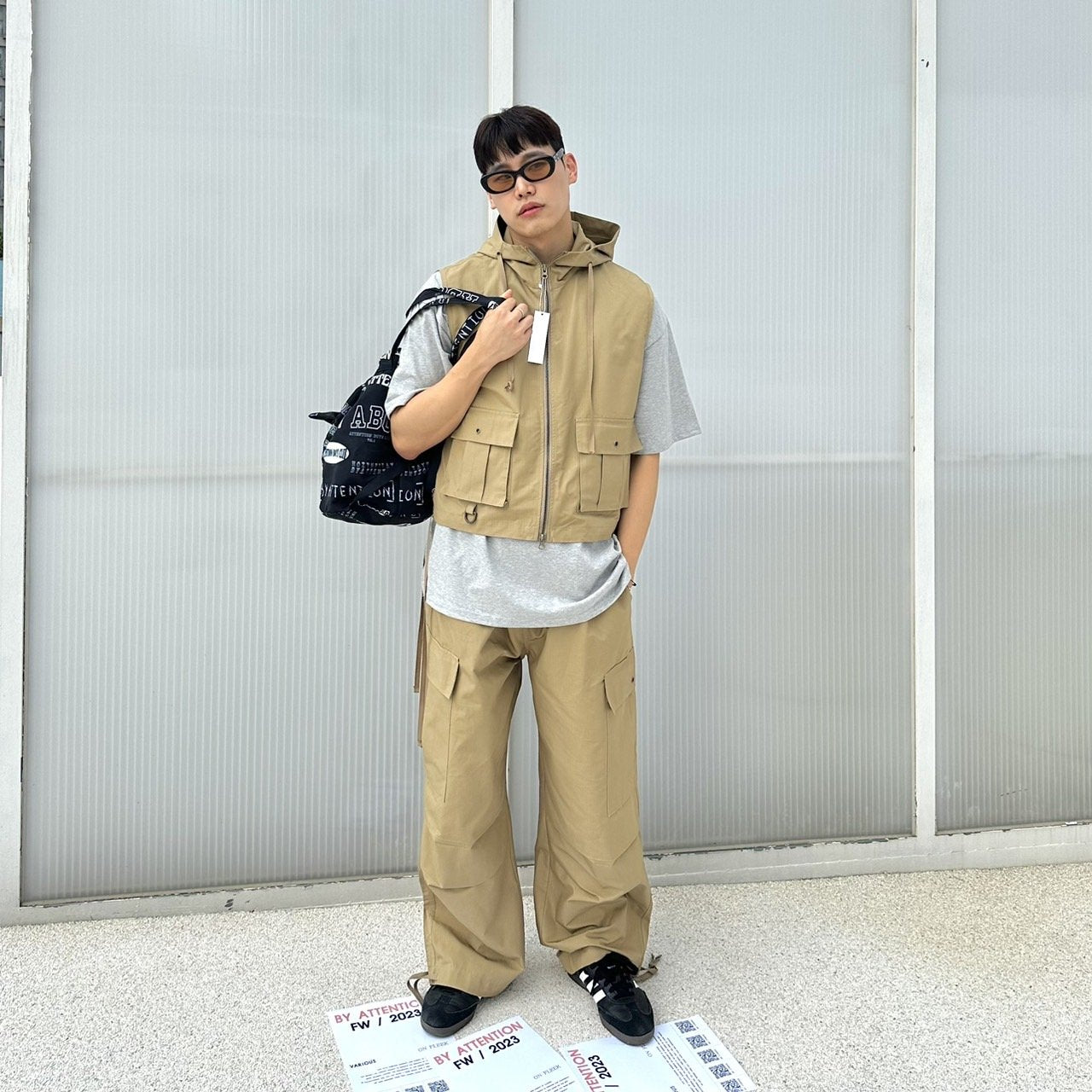 Oversized beige cargo pants, Korean-made.