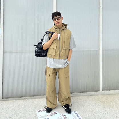 Oversized beige cargo pants, Korean-made.