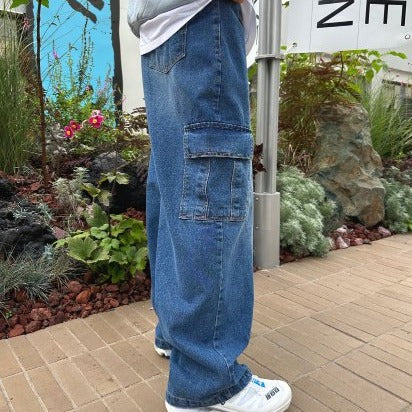 Blue oversized denim cargo pants, Korea.