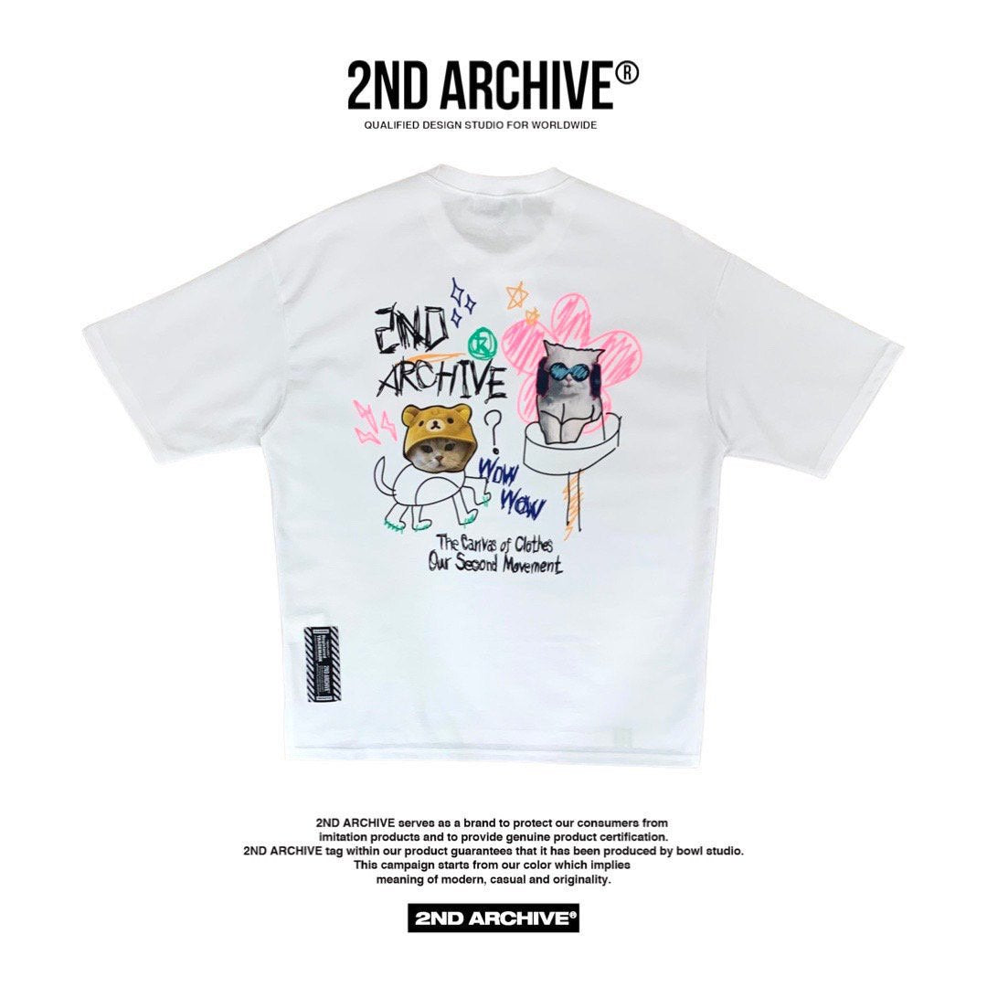 Modern 2nd Archive T-shirt with cute cat and doodle art.