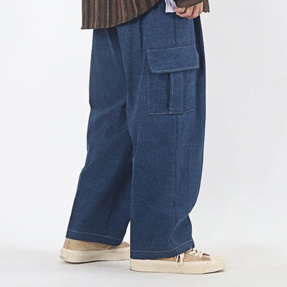 Blue oversized cargo pants, Korean streetwear style.