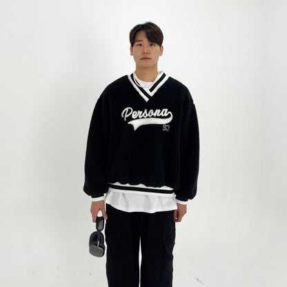 Black V-neck sweater, Korean sporty.