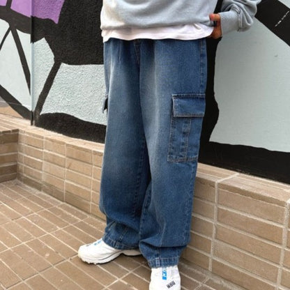 Blue denim cargo pants, Korean-made.