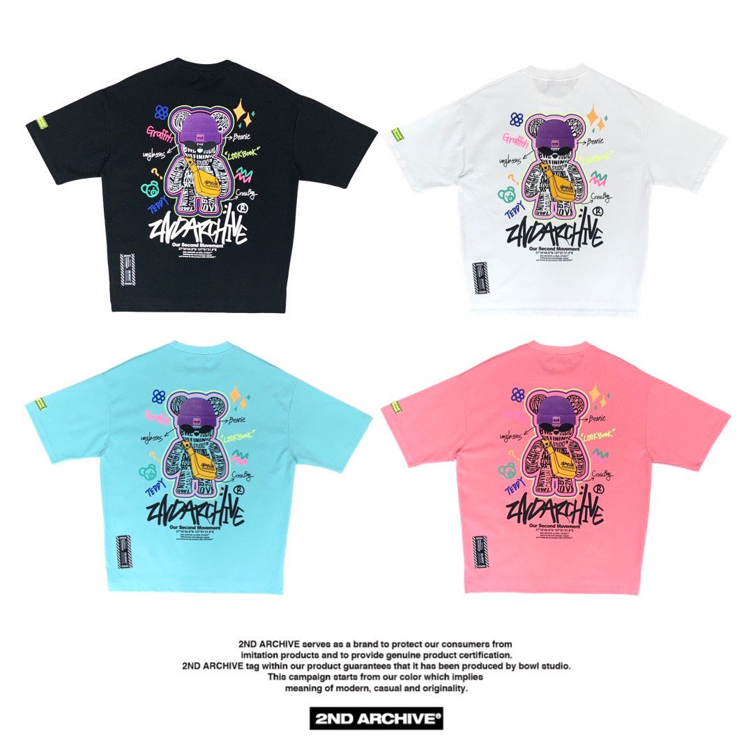 Back facing black, white, mint and pink Korean made graphic t shirts with cool teddy bear graffiti graphic. 