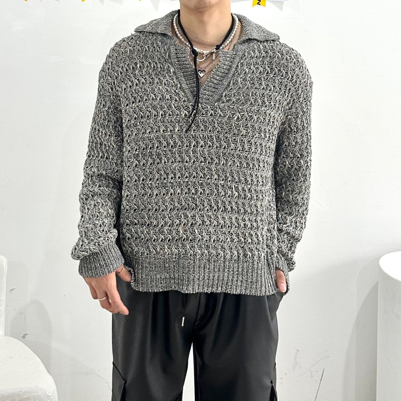 Gray knit sweater, Korean-made.