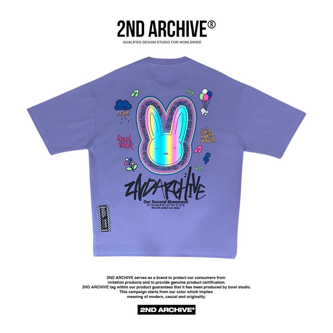 Back facing purple graphic street fashion t shirt with bunny graphic. 