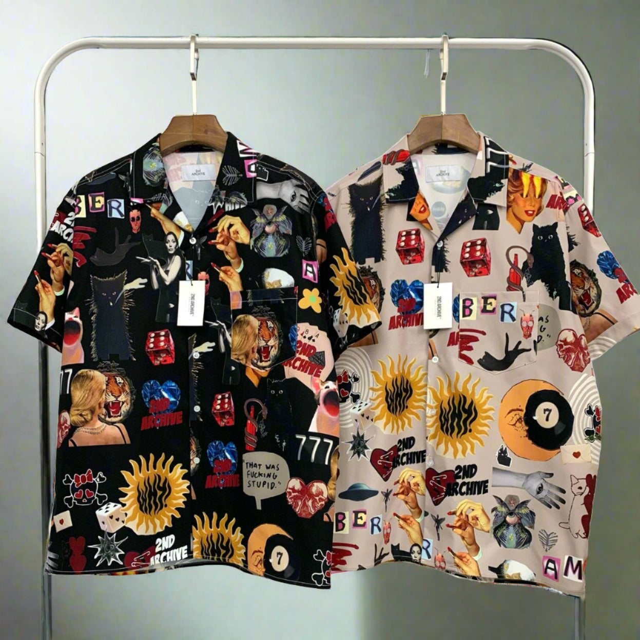 Super cool pop art shirts made in Korea hanging on a rack. 