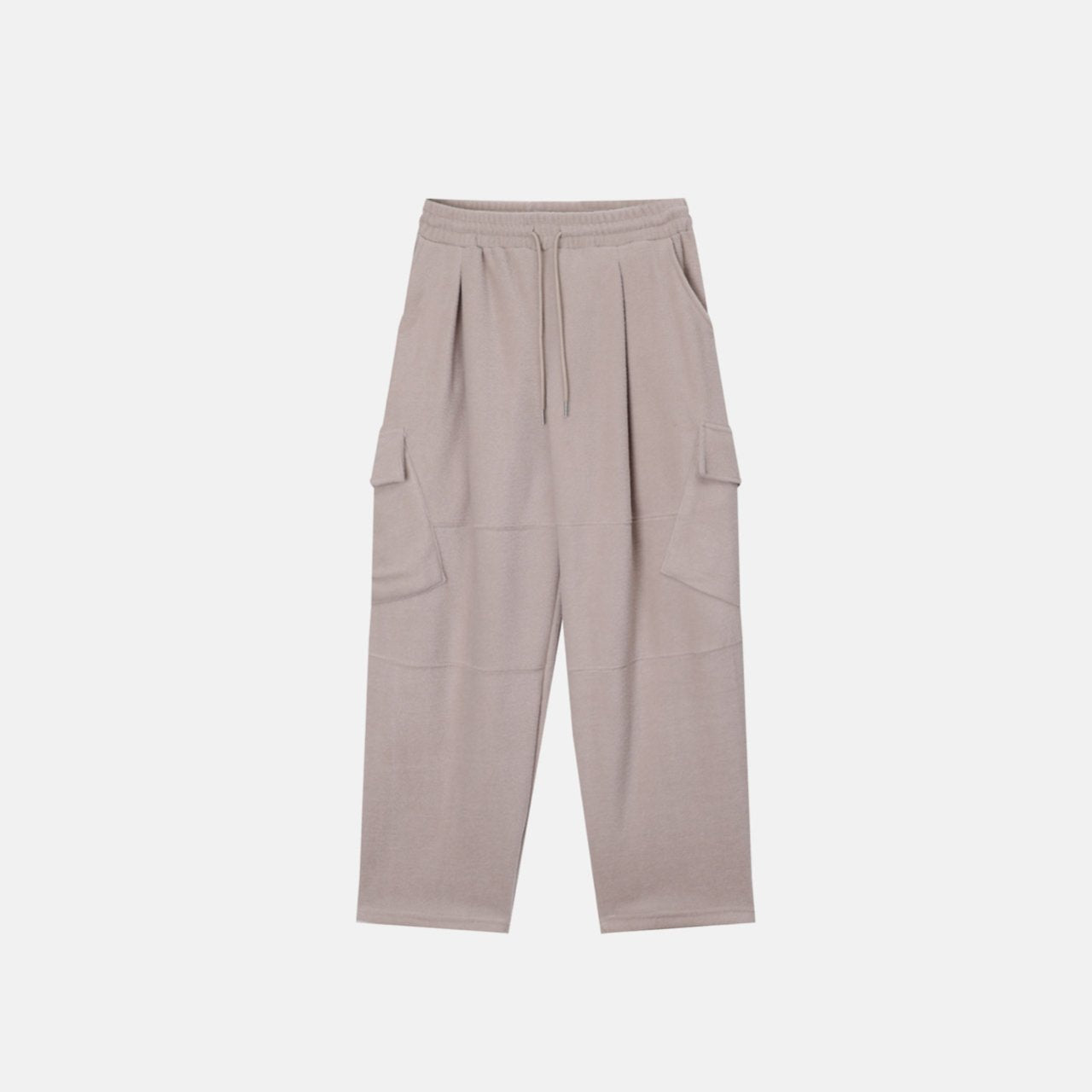 Beige fleece cargo pants, made in Korea.