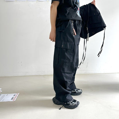 Black oversized cargo pants, Korean style.