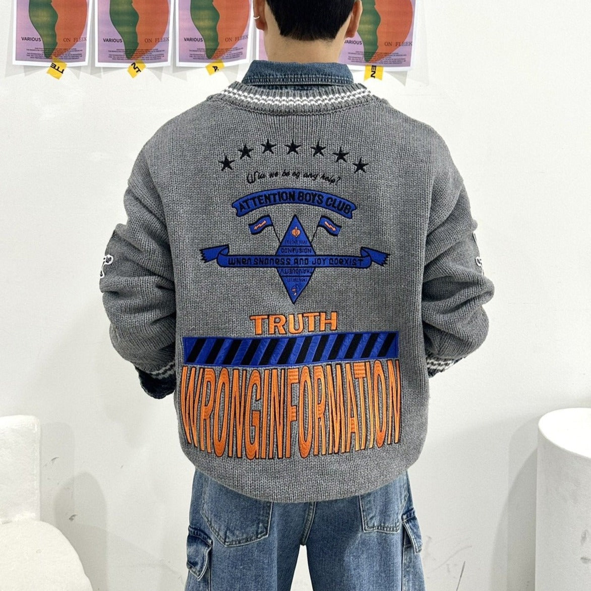 Gray patches on Korean street fashion cardigan.