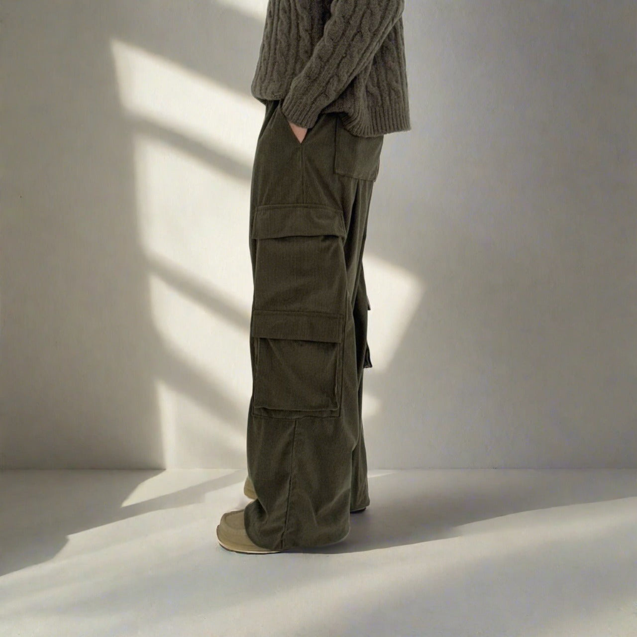 Stay ahead of the curve with these Korean-designed cargo pants, featuring an oversized silhouette and a blend of black, gray, and brown tones.