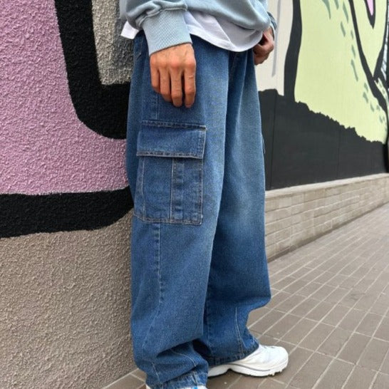 Blue denim cargo pants, Korean trend.