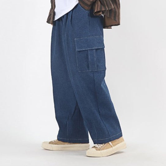 Oversized blue denim cargo pants, Korean street fashion.