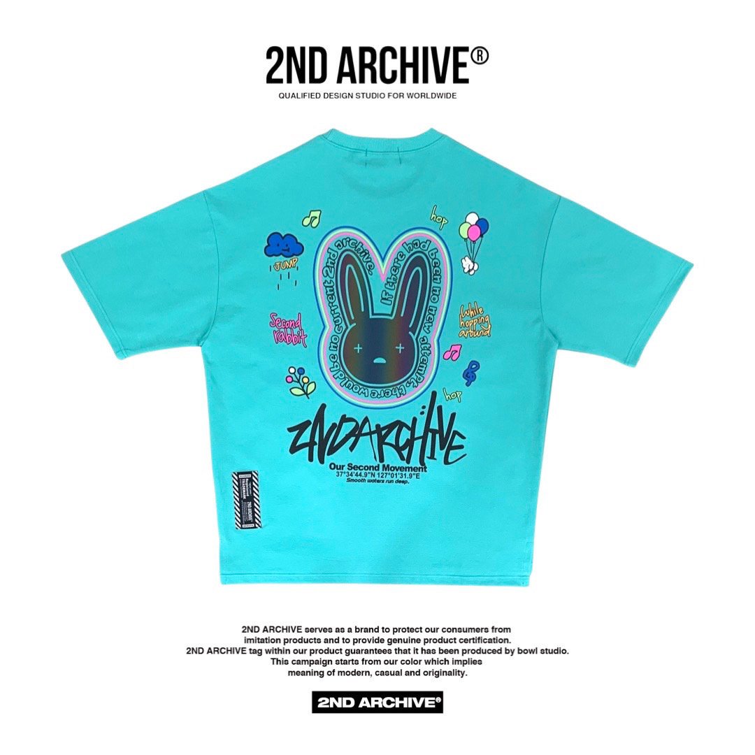 Back facing light blue unisex Korean street fashion graphic t shirt with large bunny graphic