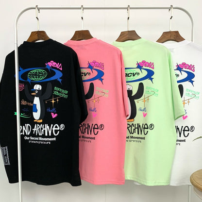 black, pink, lime green and white back facing graphic t-shirts.  Korean brand.