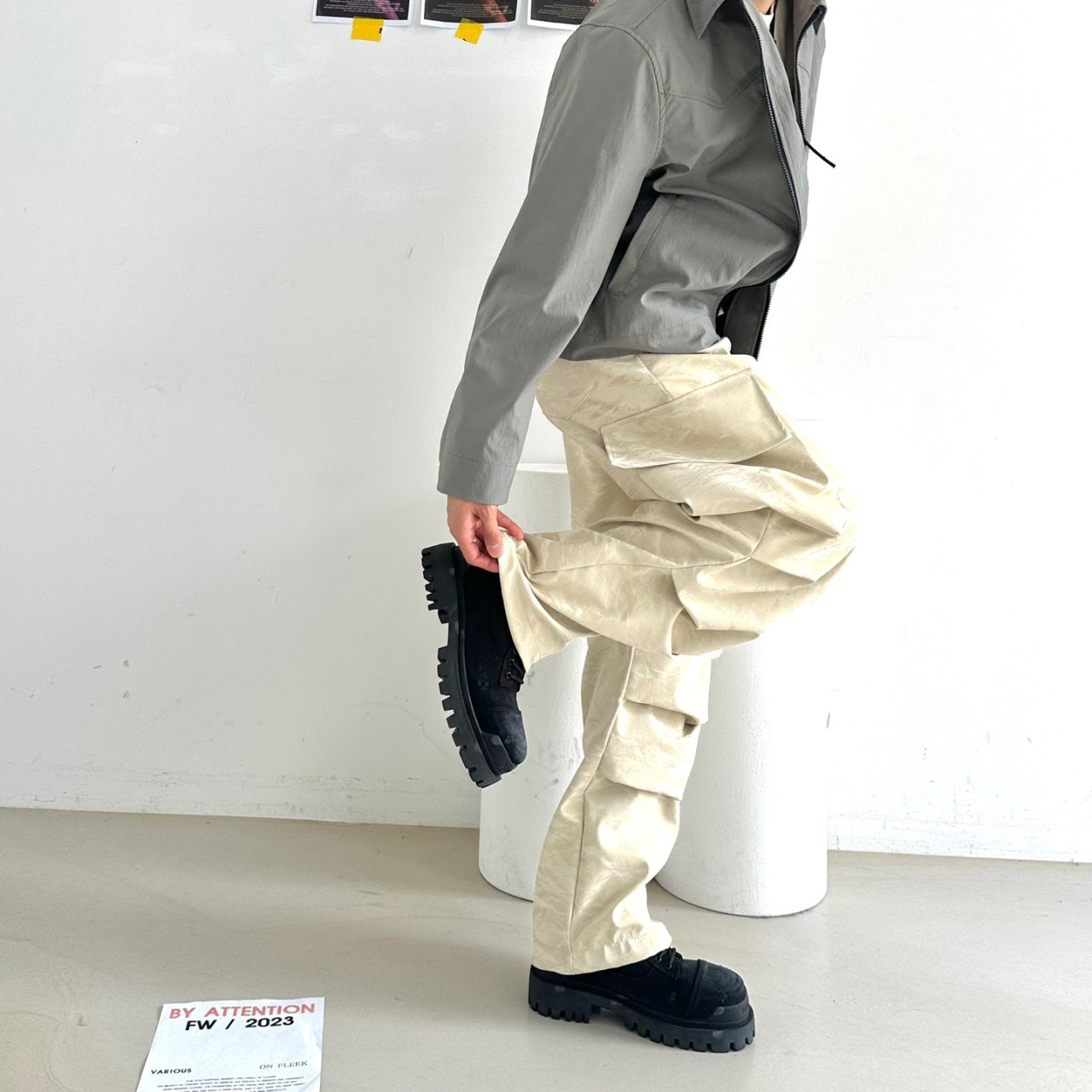 Oversized beige cargo pants from Korea.