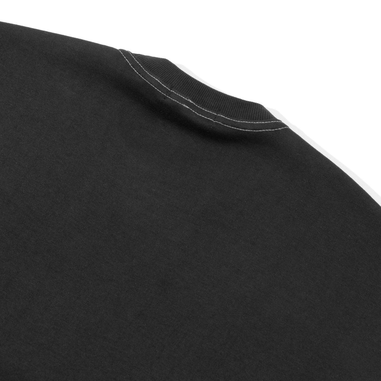 Close up view of back collar with detailed stitching for high quality shirt. 