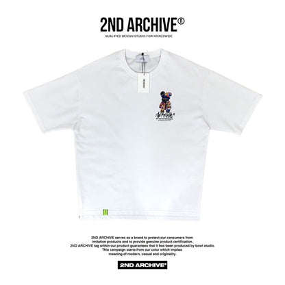 Front facing white t-shirt from Korean street fashion brand 2nd Archive with small teddy bear graphic on chest. 