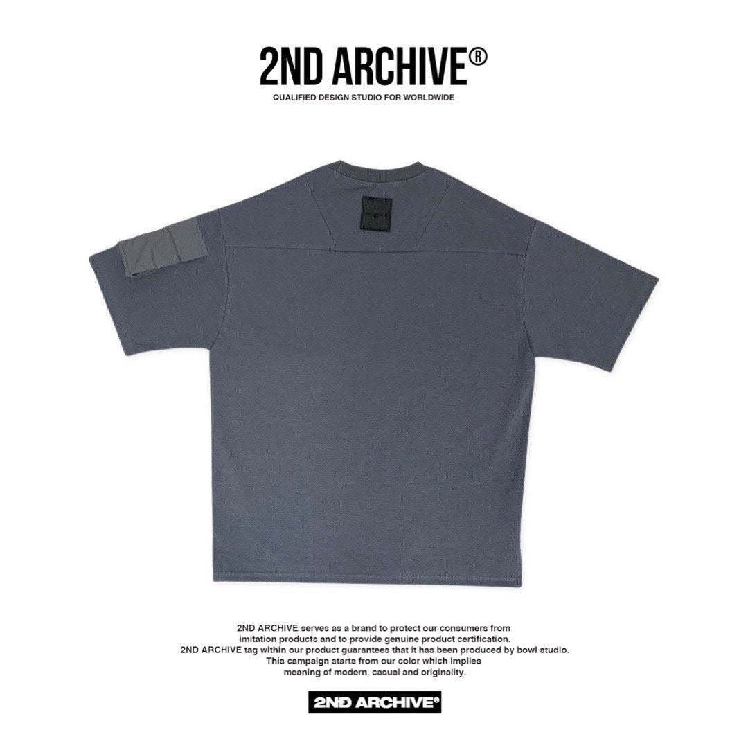 Back facing dark gray t-shirt from 2nd Archive brand made in Korea. 