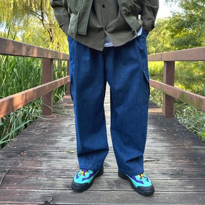 Blue oversized denim cargo pants, trendy Korean style.