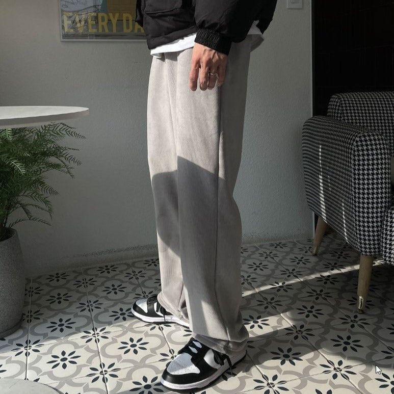 Left side view of fashionable gray pants made in Korea. 