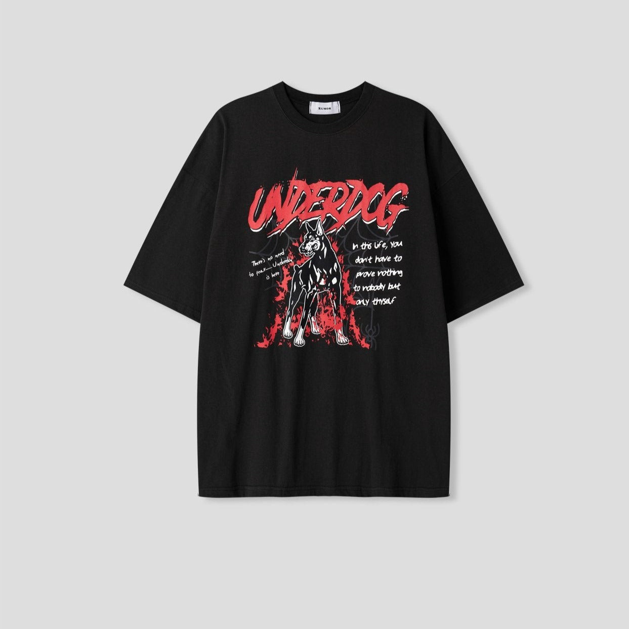 Trendy vintage T-shirt, dog graphic, English text, streetwear.