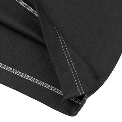 Close up of high quality double stitching on oversized black shirt made in Korean. 