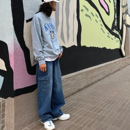 Blue cargo pants, Korean street fashion.