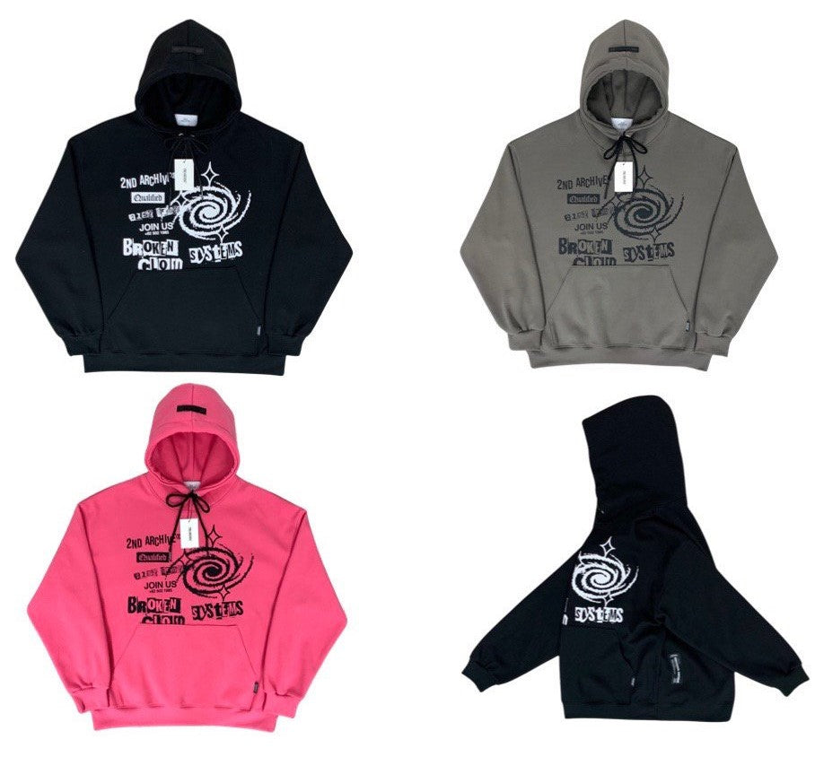 Black, khaki and pink hoodies with street fashion graphics printed on the front. 