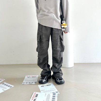 Blue Korean cargo pants, oversized fit.