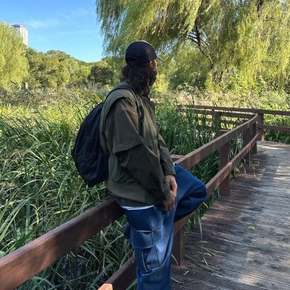 Blue Korean street style cargo pants, oversized fit.