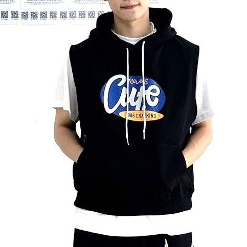 Black Korean street fashion sleeveless hoodie with English lettering. 