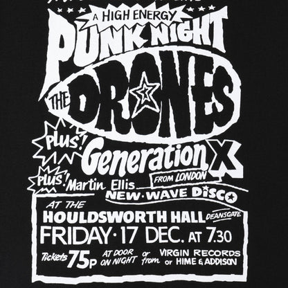 Trendy vintage T-shirt, punk rock show flyer, English text.